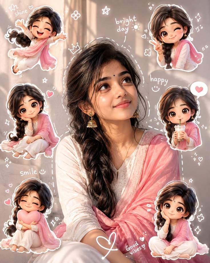 Kawaii Portrait Collage Prompt with cute chibi stickers and playful doodle details
