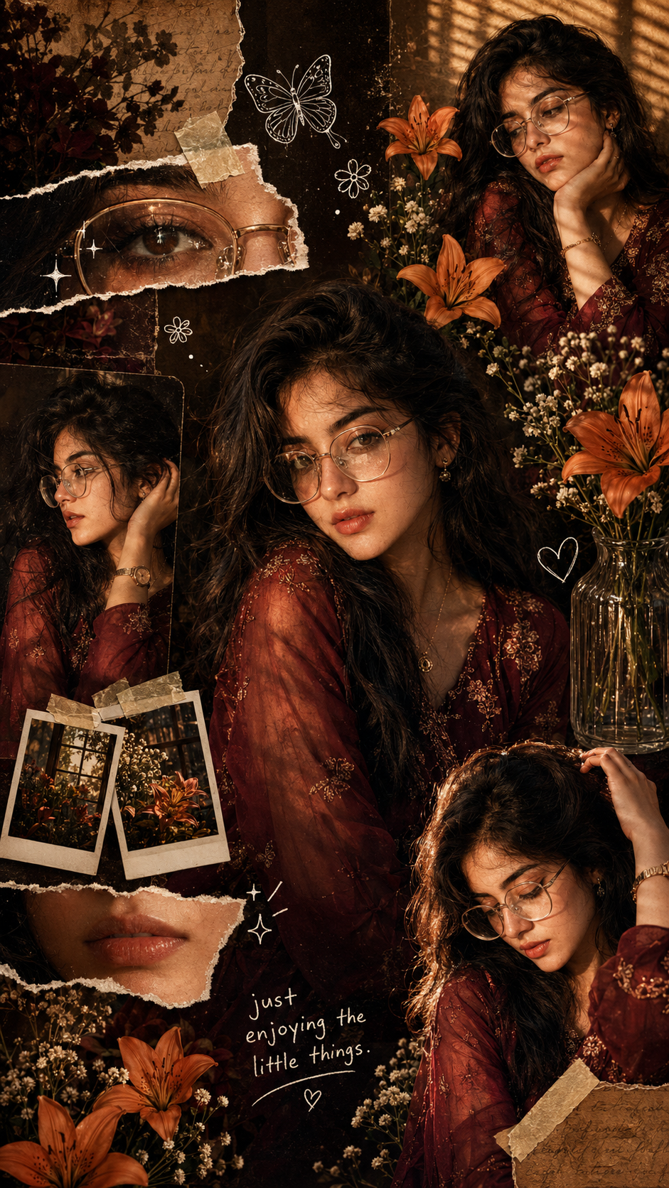 Scrapbook Portrait Collage featuring a cinematic vintage portrait layout with polaroids, torn paper, flowers, doodles, and warm burgundy tones.