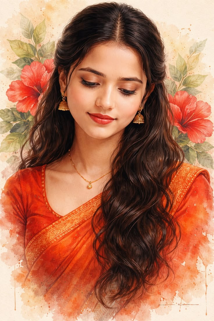 Watercolor Sari Portrait with orange-red sari styling, hibiscus flowers, and cream paper texture.