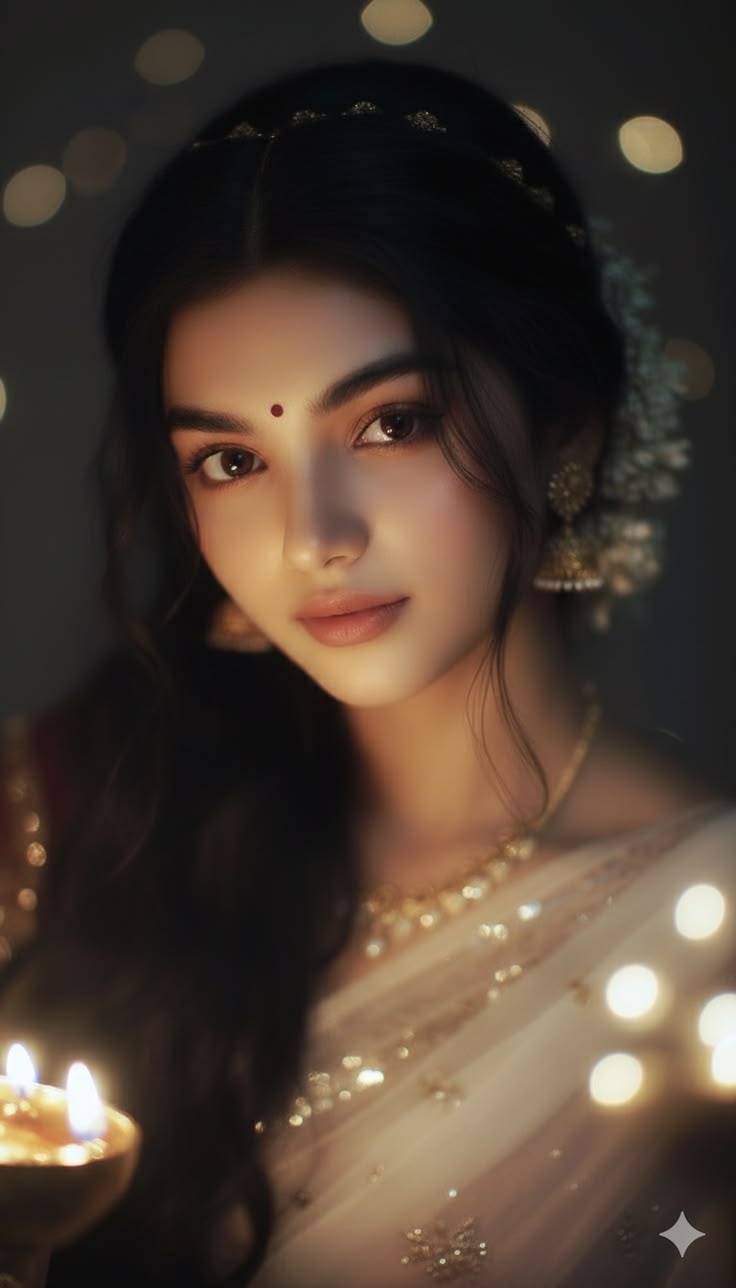 Diwali Saree Portrait Prompt featuring a festive close-up woman portrait with saree, diya glow, and warm cinematic bokeh.