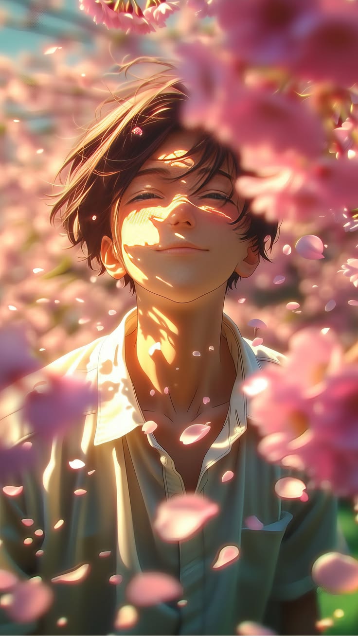 Anime Spring Prompt featuring a dreamy cherry blossom portrait with soft petals, warm sunlight, glossy eyes, and romantic anime spring glow.