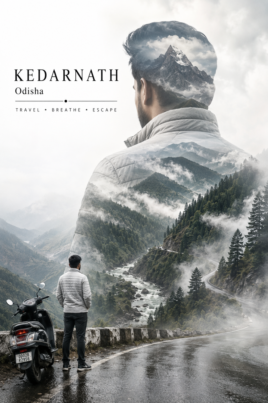 Kedarnath Travel Prompt for a cinematic double-exposure mountain poster with misty travel scenery and premium editorial realism