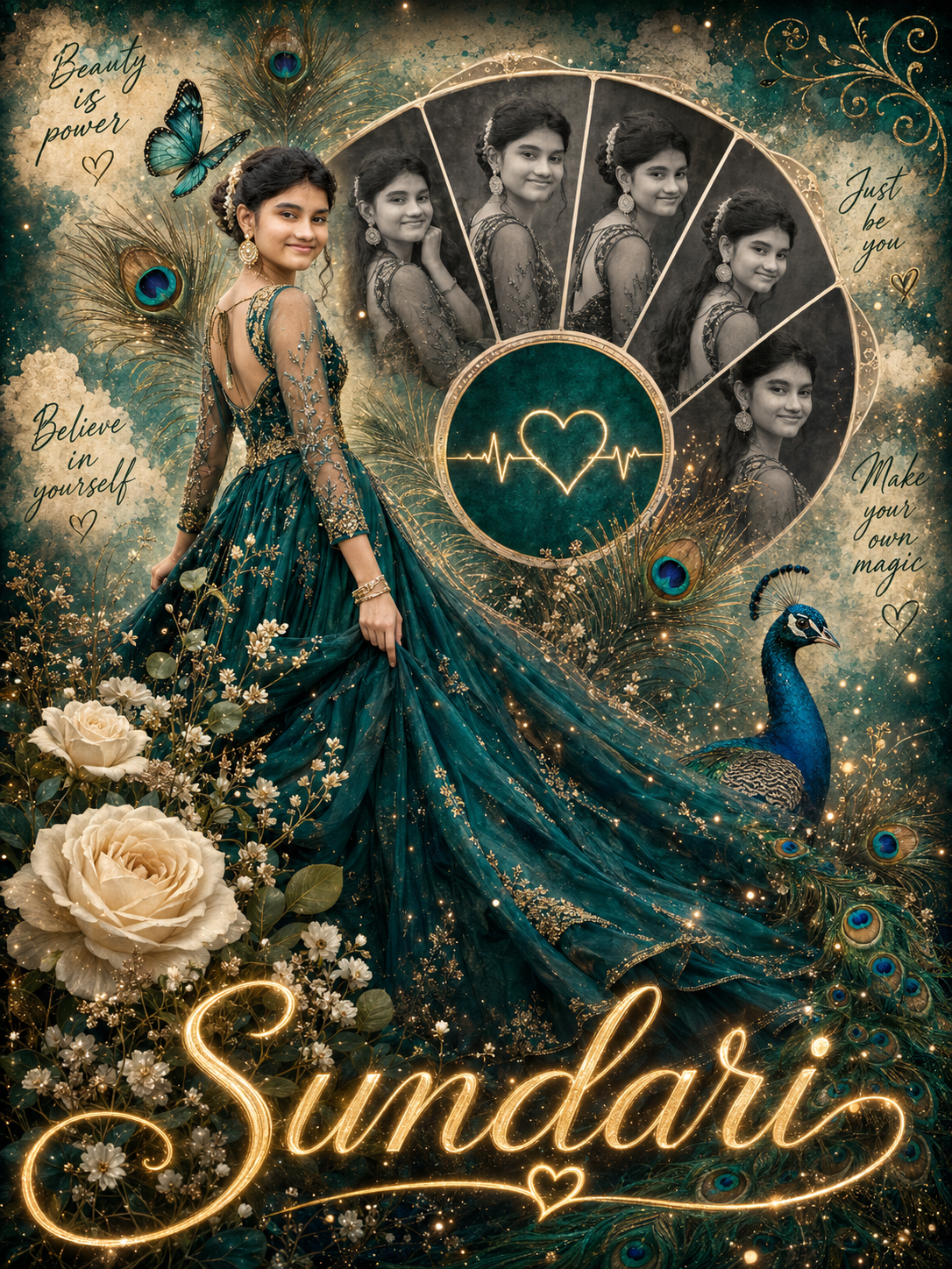 Fantasy Editorial Poster featuring a teal gown collage design with peacock details and glowing gold styling