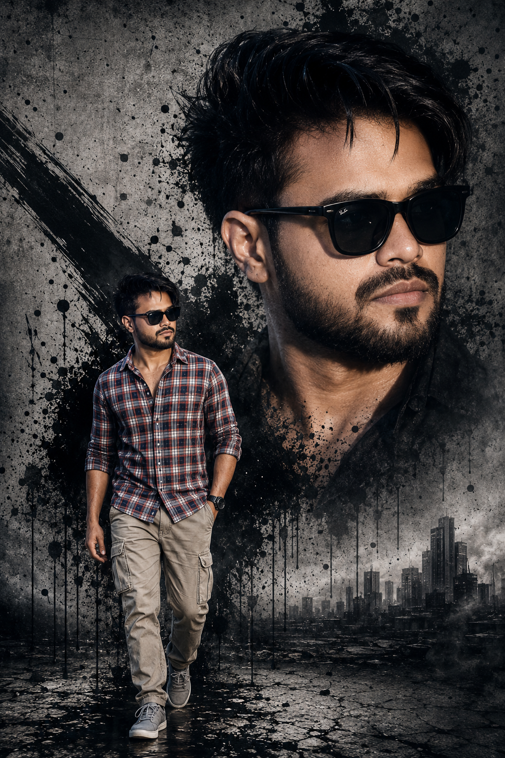 Grunge Portrait Poster featuring a dark cinematic masculine edit with concrete texture and ink splatter styling