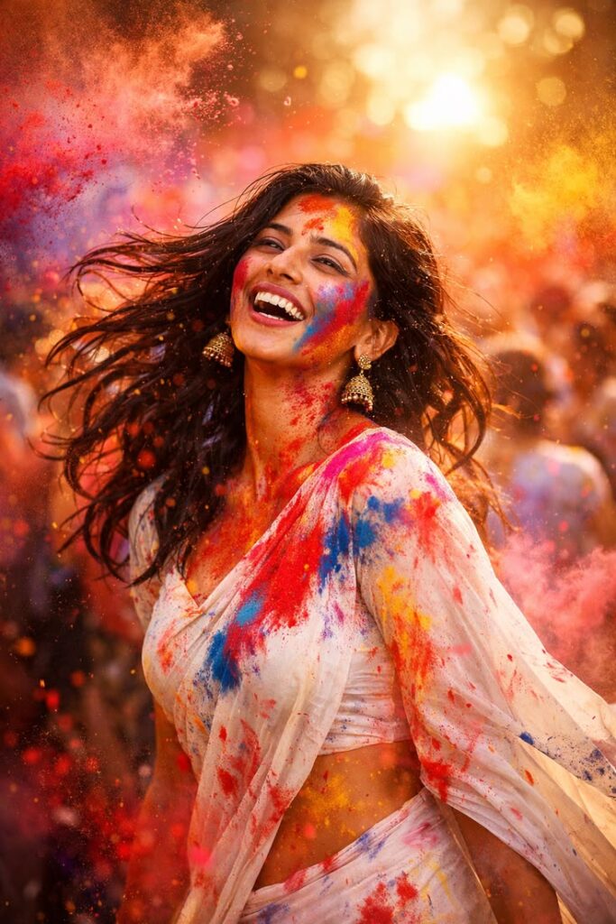 Holi Laughing Prompt showing a joyful cinematic Holi portrait with gulal powder, golden sun flare, and festive sari styling.