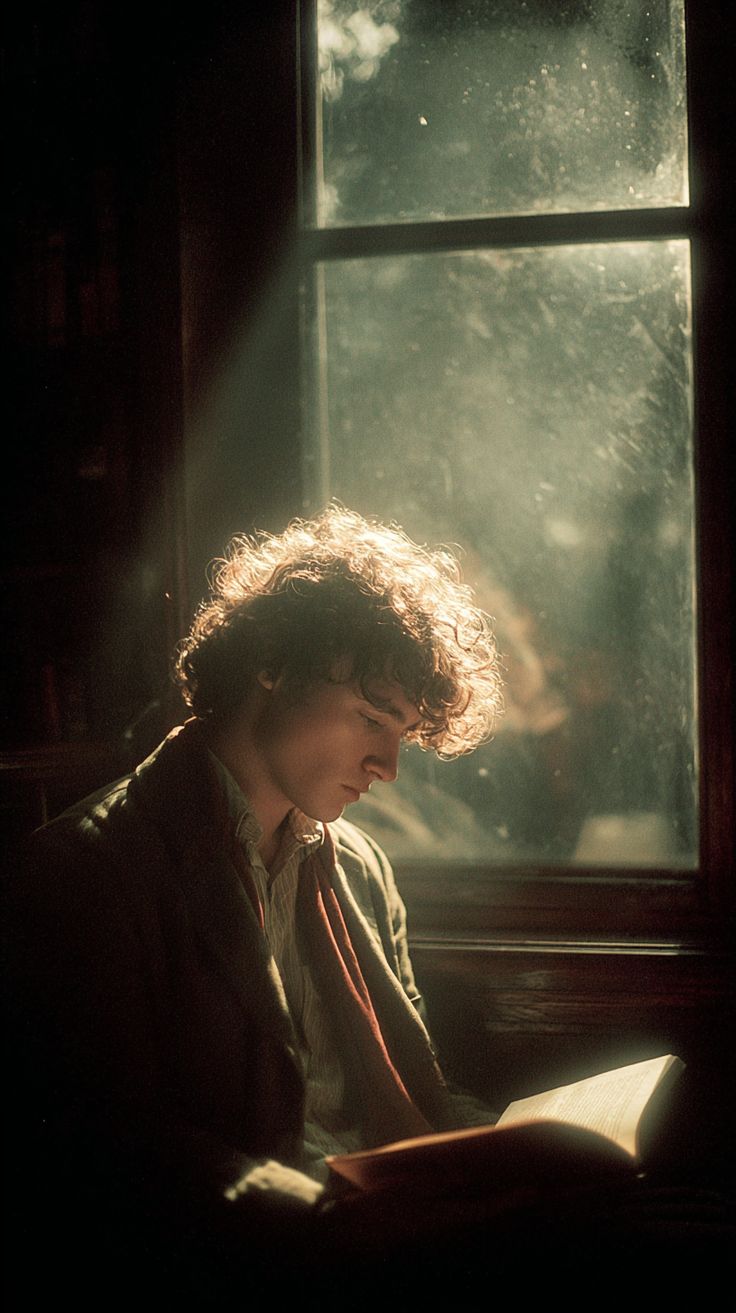 Window Reading Portrait with vintage window light and glowing book atmosphere