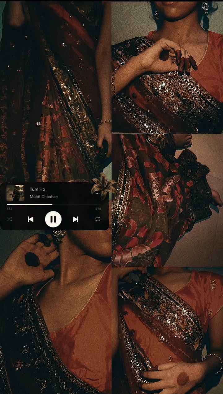 Saree Scrapbook Prompt featuring a dark vintage South Asian fashion collage with layered saree panels and cinematic grain