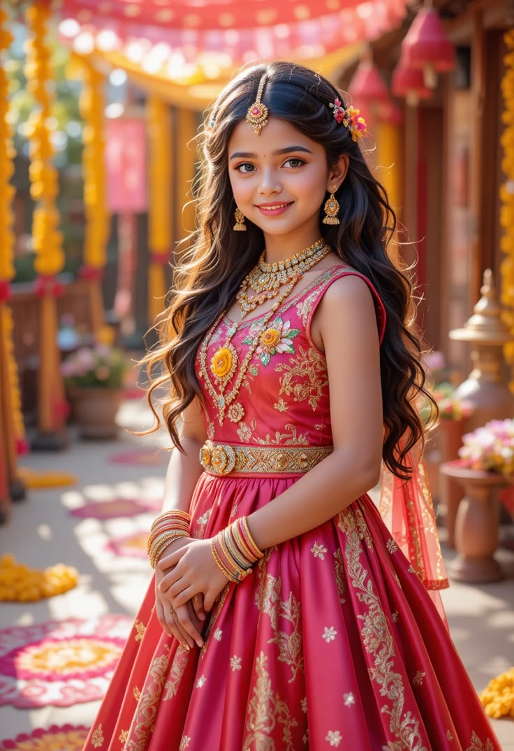Festive Royal Portrait Prompt with coral lehenga, gold jewelry, and marigold decor