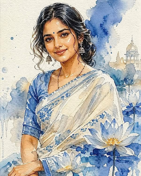 Watercolor Sari Prompt featuring an elegant Indian-style watercolor portrait with cream sari, blue blouse, lotus flowers, and soft paper texture.
