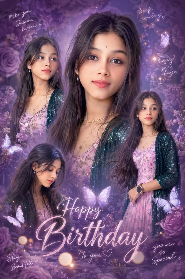 Purple Birthday Poster featuring a dreamy floral fantasy birthday prompt with butterflies and violet roses