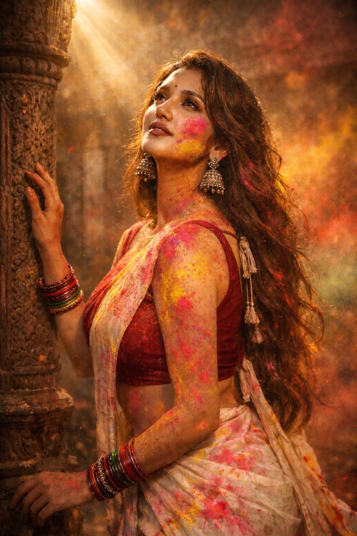 Holi Portrait Prompt featuring a cinematic temple courtyard festival portrait with gulal colors and golden sunlight.