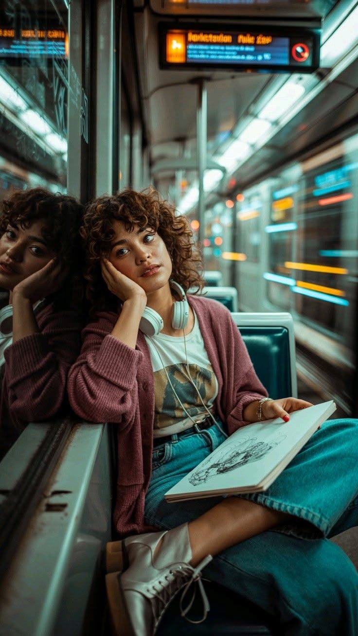 Metro Train Portrait with window reflection, headphones, sketchbook, teal seats, and neon subway motion streaks