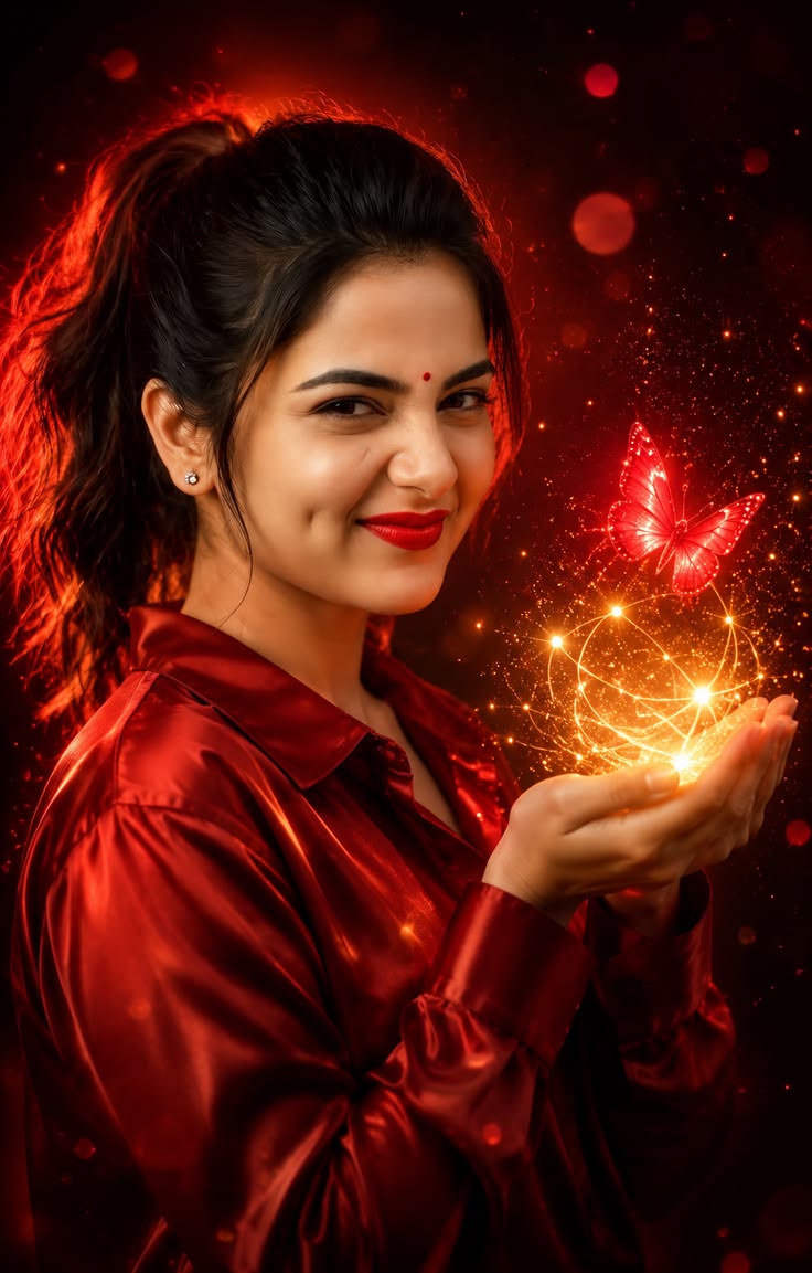 Fantasy Portrait Prompt with red magical glow, golden energy sphere, butterfly light, and cinematic portrait styling