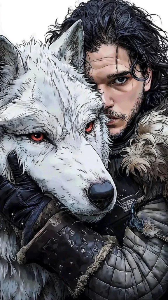 Fantasy Warrior Wolf Portrait Prompt featuring a heroic warrior beside a white dire wolf in a cinematic fantasy scene