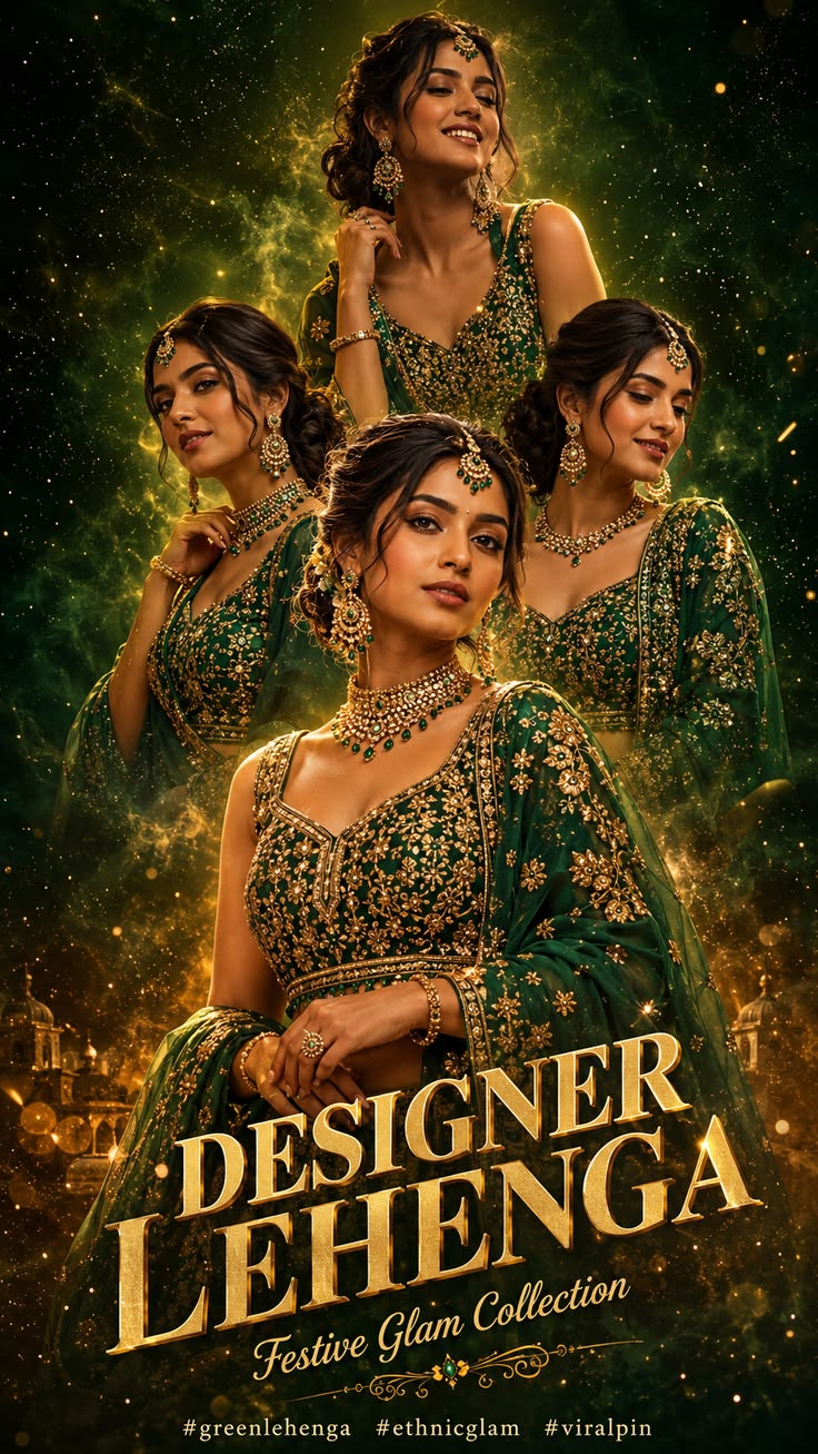 Designer Lehenga Poster with emerald bridal styling and cinematic festive fashion details