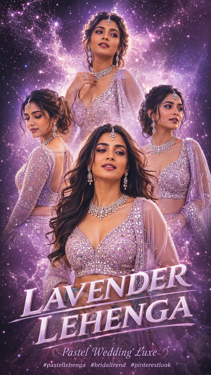 Lavender Lehenga Collage in a pastel bridal fashion poster with cinematic wedding styling