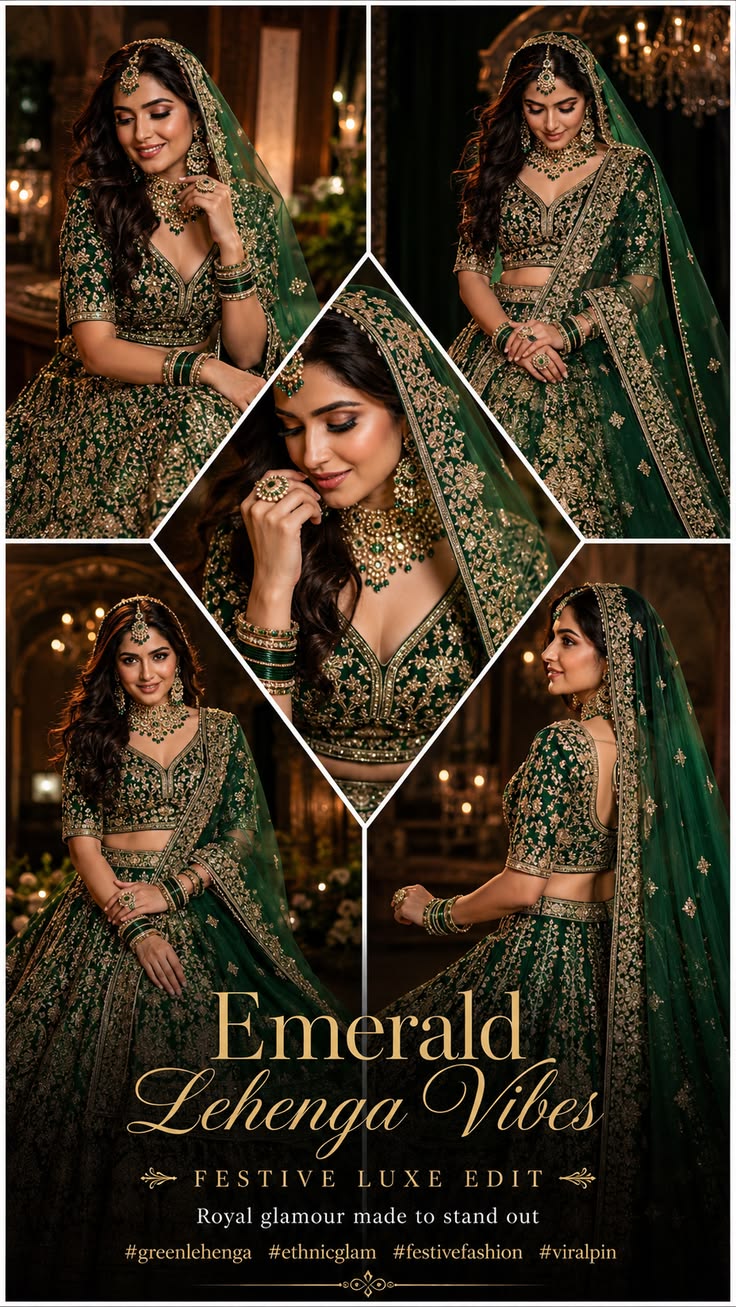Emerald Bridal Collage luxury lehenga poster in cinematic bridal style
