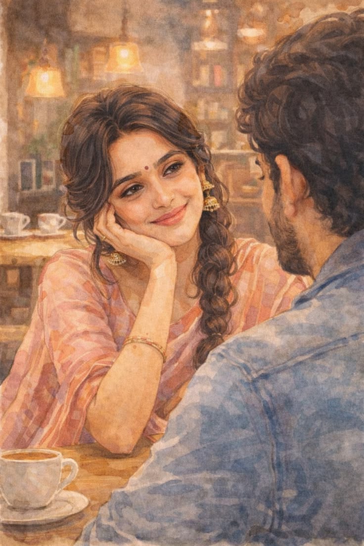 Watercolor Couple Portrait Prompt showing a romantic cozy cafe couple scene in soft watercolor style