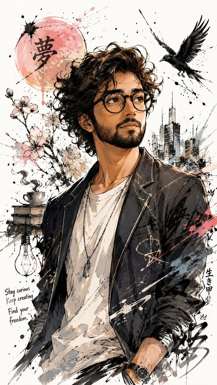 Ink Watercolor Fashion Poster featuring a stylish male portrait with Japanese-inspired graphics, ink splashes, blossoms, and creative fashion detail.