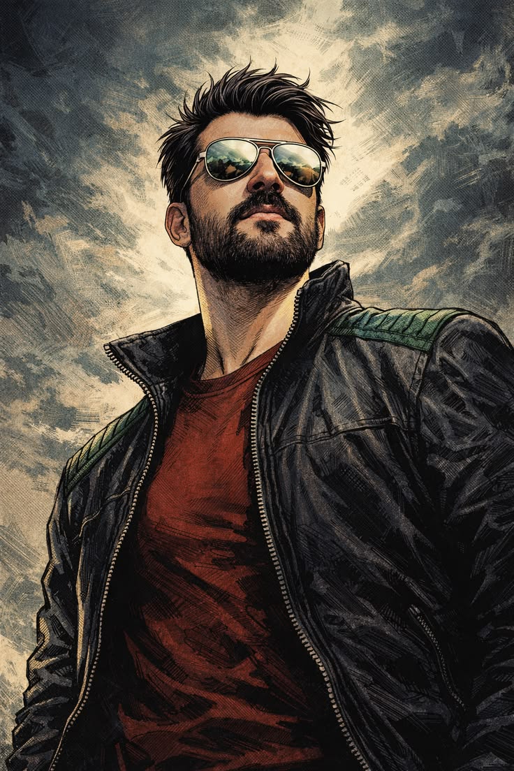 Graphic Novel Poster with aviator sunglasses, black leather jacket, stormy painted sky, and gritty mixed-media comic style.