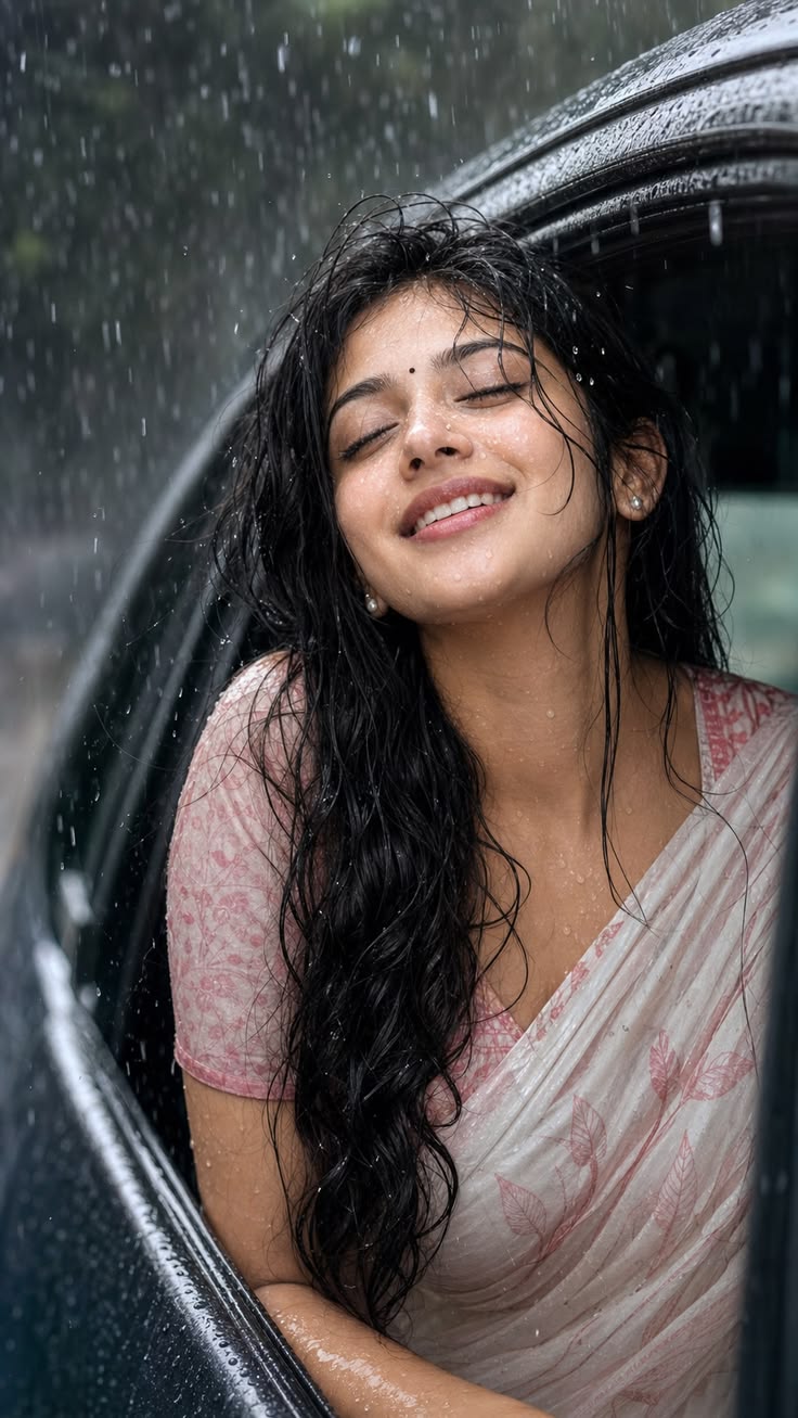 Monsoon Car Portrait with rain-soaked car window pose, white-pink sari, closed-eye smile, wet black car, and cinematic monsoon mood.