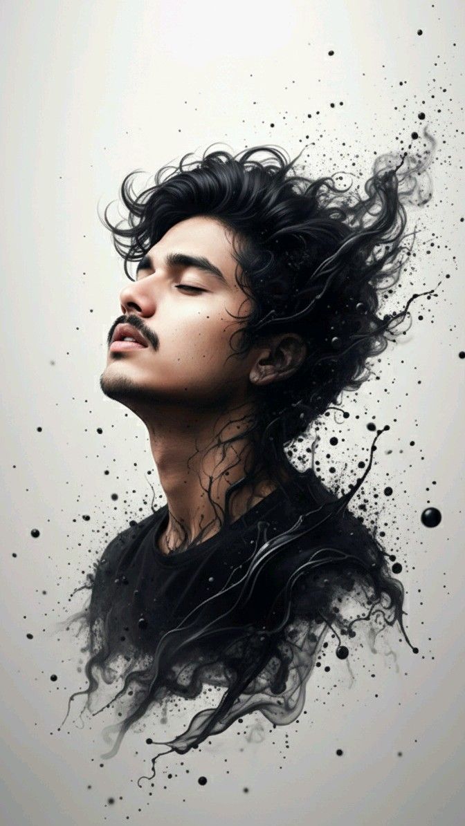 Ink Smoke Portrait Prompt featuring a cinematic male profile with smoky black ink dispersion on a pale paper background.