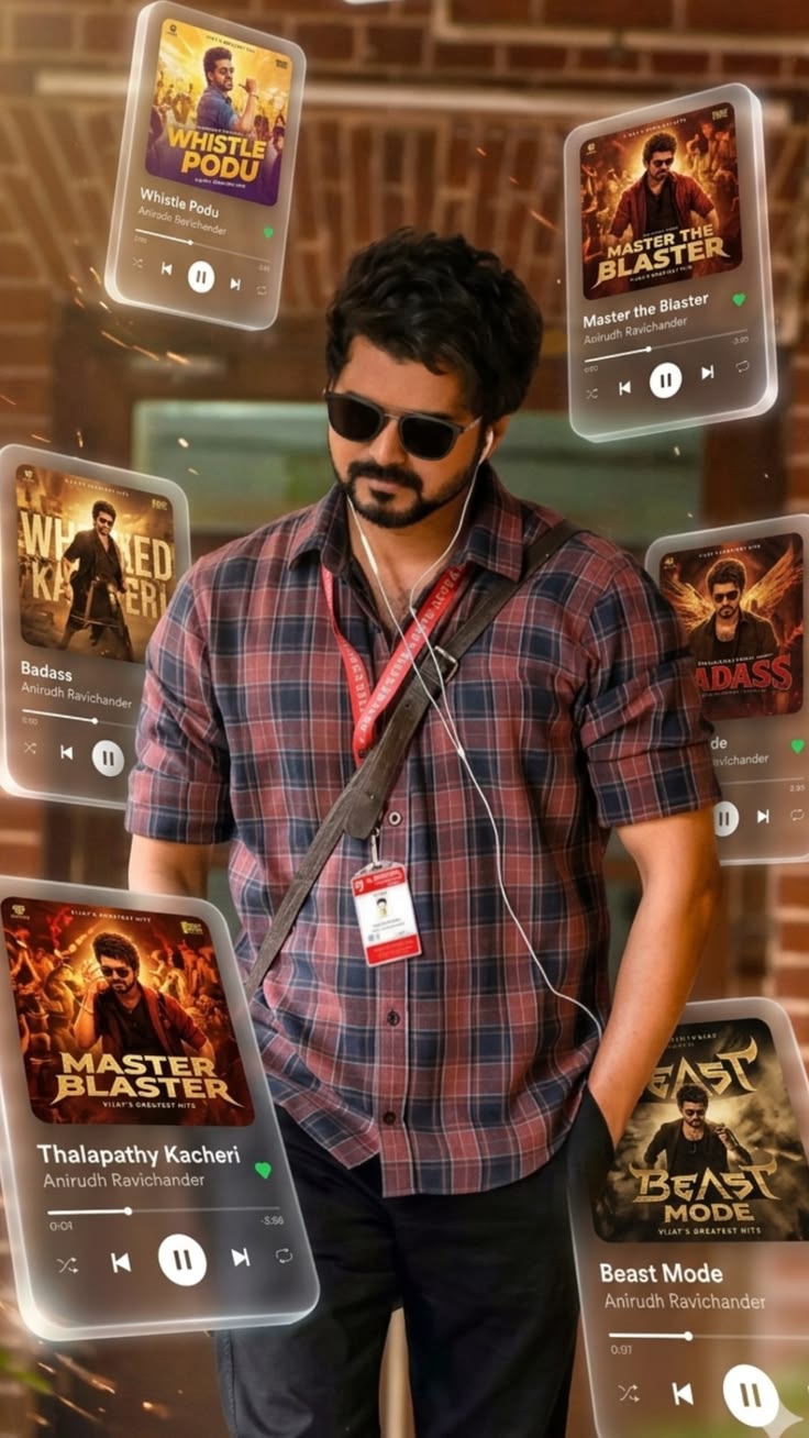 Tamil Music Poster Prompt for a cinematic celebrity-style music poster with floating song cards and warm editorial glow