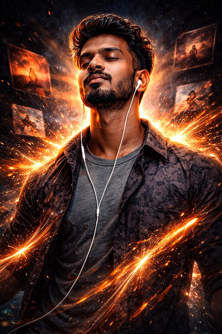 Cinematic Music Energy Portrait AI Prompt with Glowing Aura and Epic Particle Effects