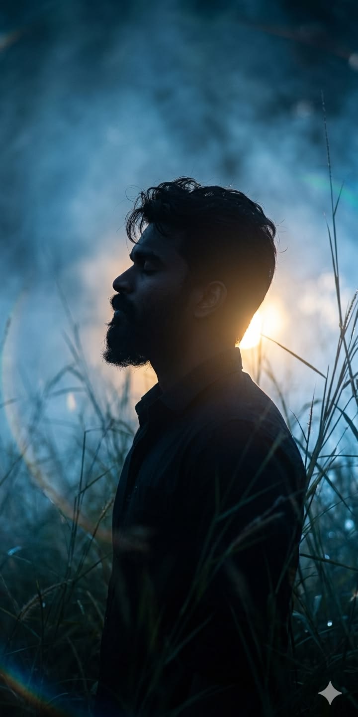 Moody Portrait Poster Prompt for a cinematic side-profile man in tall grass