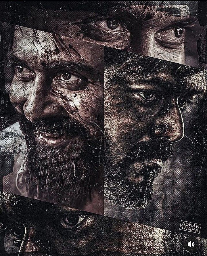 Grunge Face Collage Prompt for a dark cinematic thriller poster with fragmented male face panels