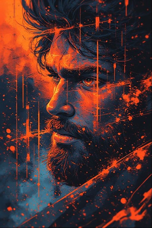 Digital Art Portrait Prompt for a fiery painterly male character poster with cinematic splashes and dark shadows