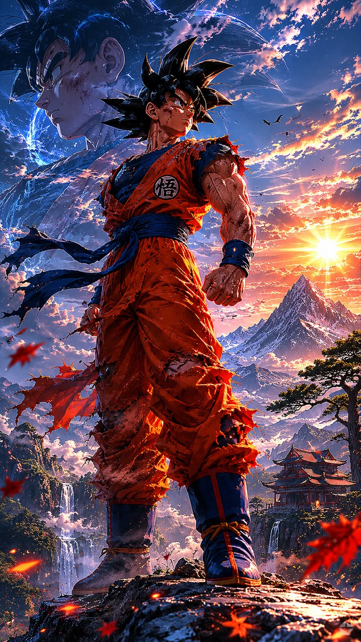Anime Fantasy Wallpaper featuring a heroic martial arts warrior with sunset mountains and blue energy aura