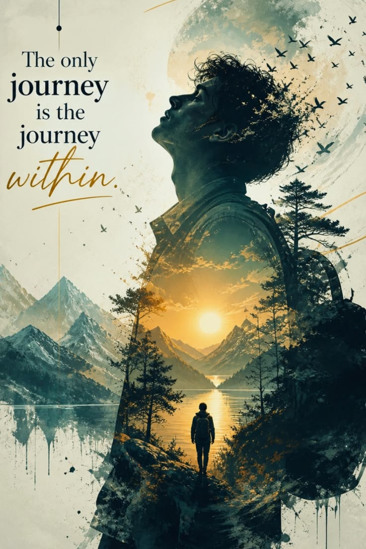 Double Exposure Motivational Poster featuring a cinematic side-profile portrait with mountain lake sunset, birds, and golden ink accents.