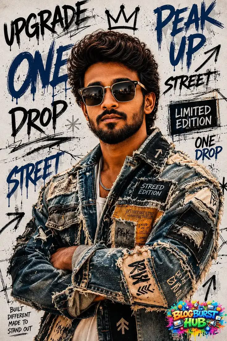 Streetwear Graffiti Poster featuring a cinematic urban fashion concept with graffiti typography and distressed denim styling.