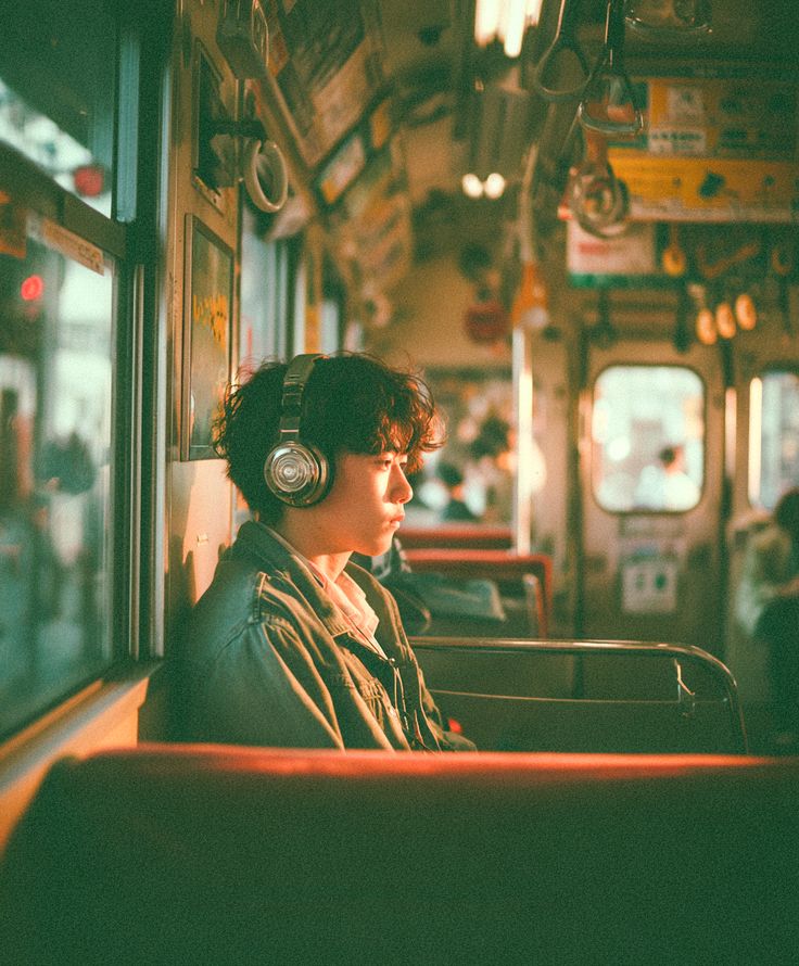 Vintage Train Portrait with silver headphones, warm amber train light, teal shadows, and nostalgic film grain