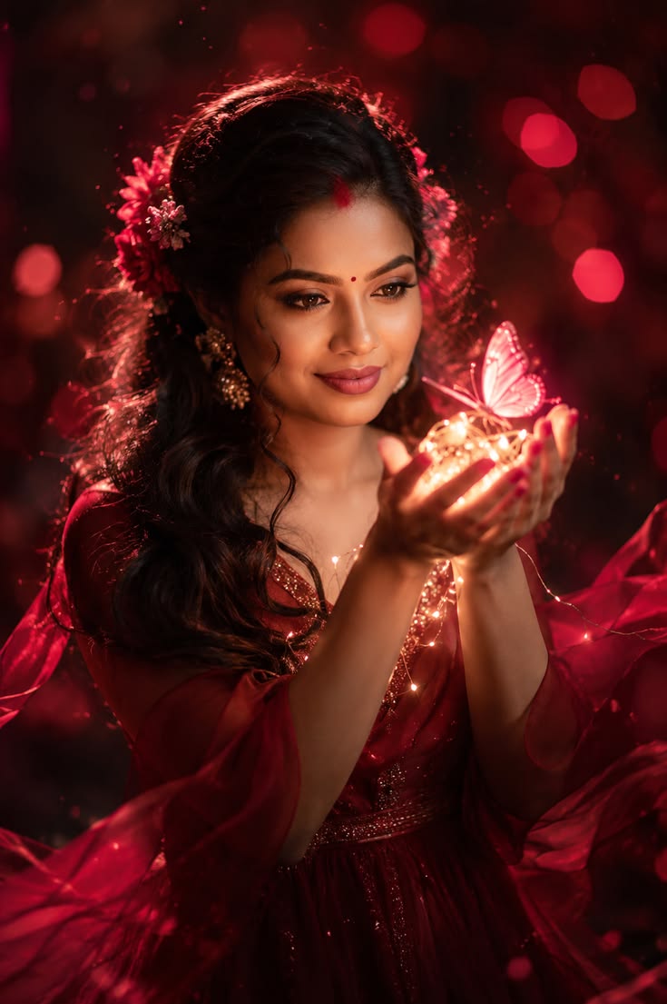Magical Red Portrait featuring a cinematic fantasy woman with glowing butterfly light, crimson fabric, bokeh, and dreamy particles.