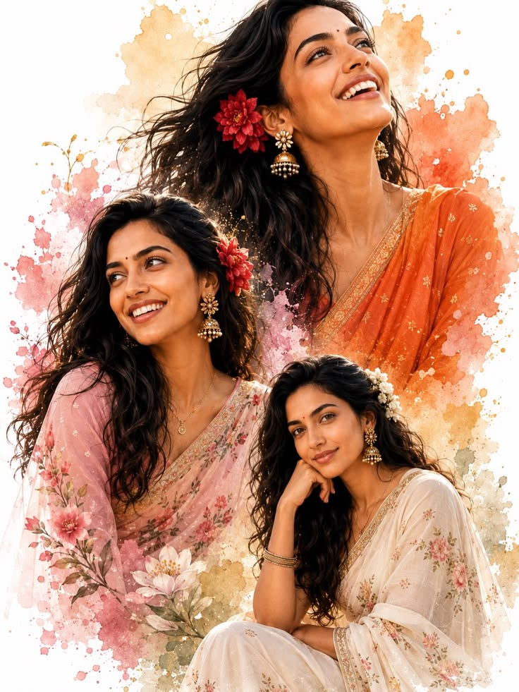 Watercolor Bridal Portrait Prompt for an elegant three-portrait bridal collage in floral sarees