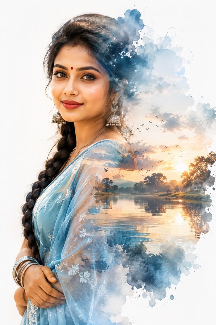Watercolor Double Exposure Portrait featuring a woman in a blue sari with golden sunset landscape blending and soft watercolor splashes.