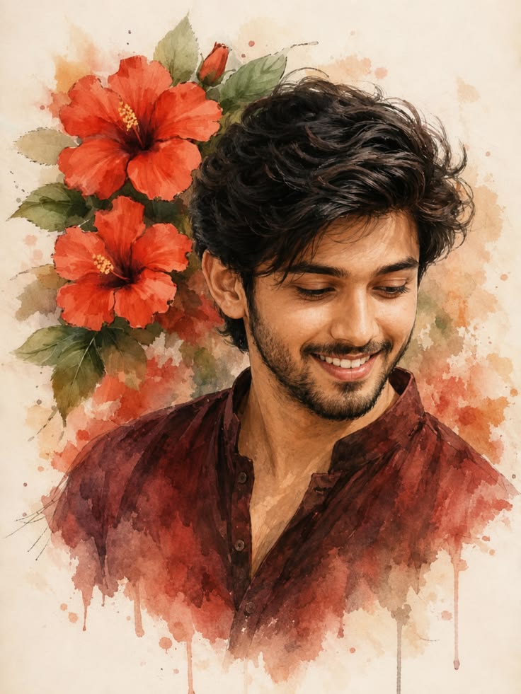 Watercolor South Asian Male Portrait Prompt featuring a romantic male portrait with hibiscus flowers and maroon kurta styling.