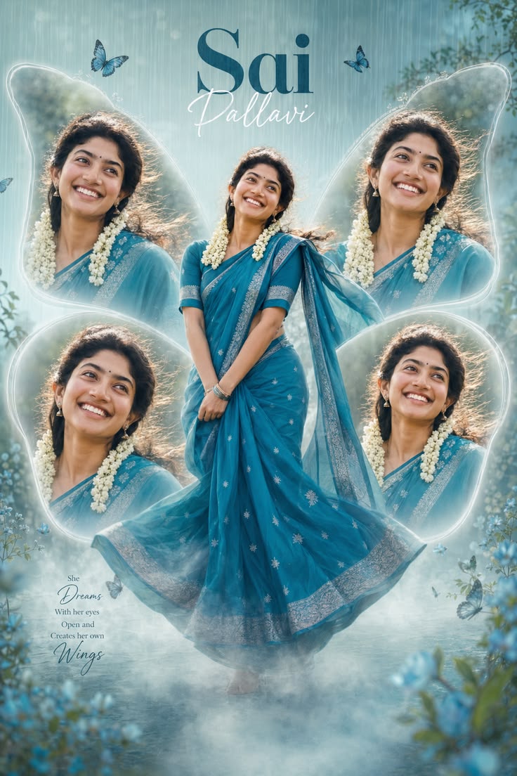 Butterfly Wing Poster featuring a dreamy teal sari fantasy collage with glowing wing portraits