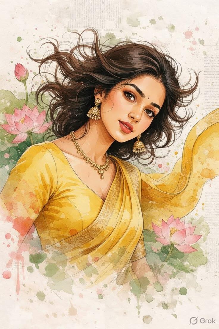Watercolor Indian Portrait with lotus flowers, yellow sari, and soft floral poster styling