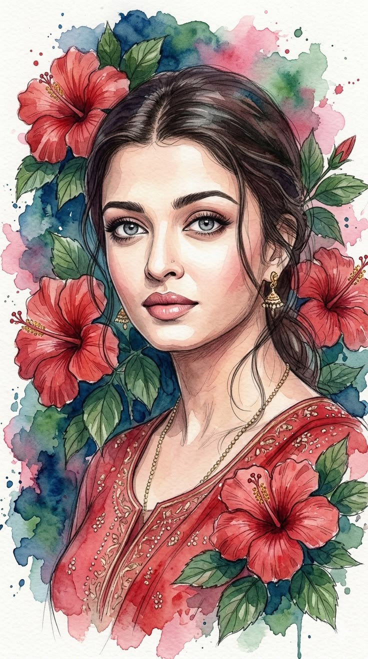 Elegant Watercolor Botanical Portrait AI Prompt with Hibiscus Flowers and Traditional Fashion