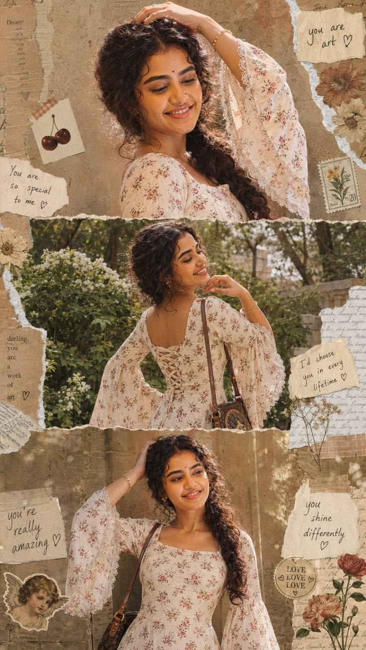 Romantic Scrapbook Prompt with floral dress collage, torn paper notes, and warm garden editorial style