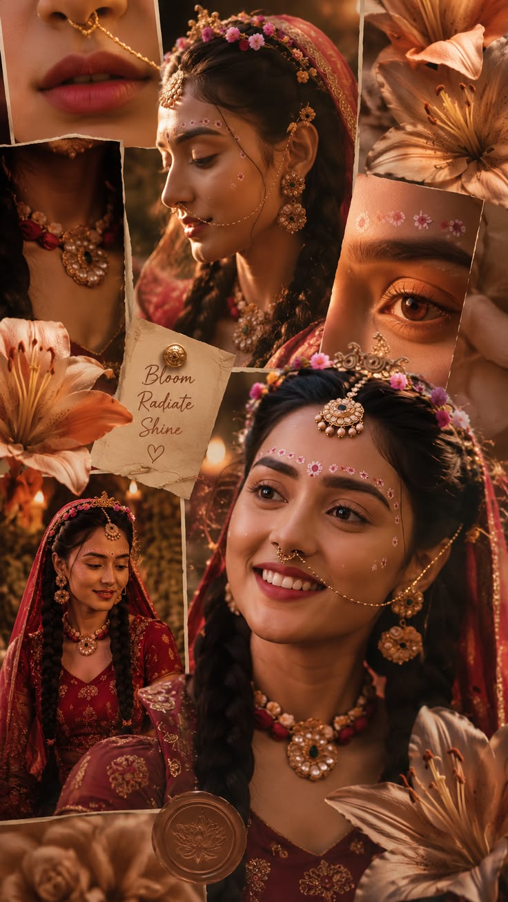 Bridal Scrapbook Prompt featuring a cinematic Indian wedding collage with red bridal styling, floral details, and torn paper layers