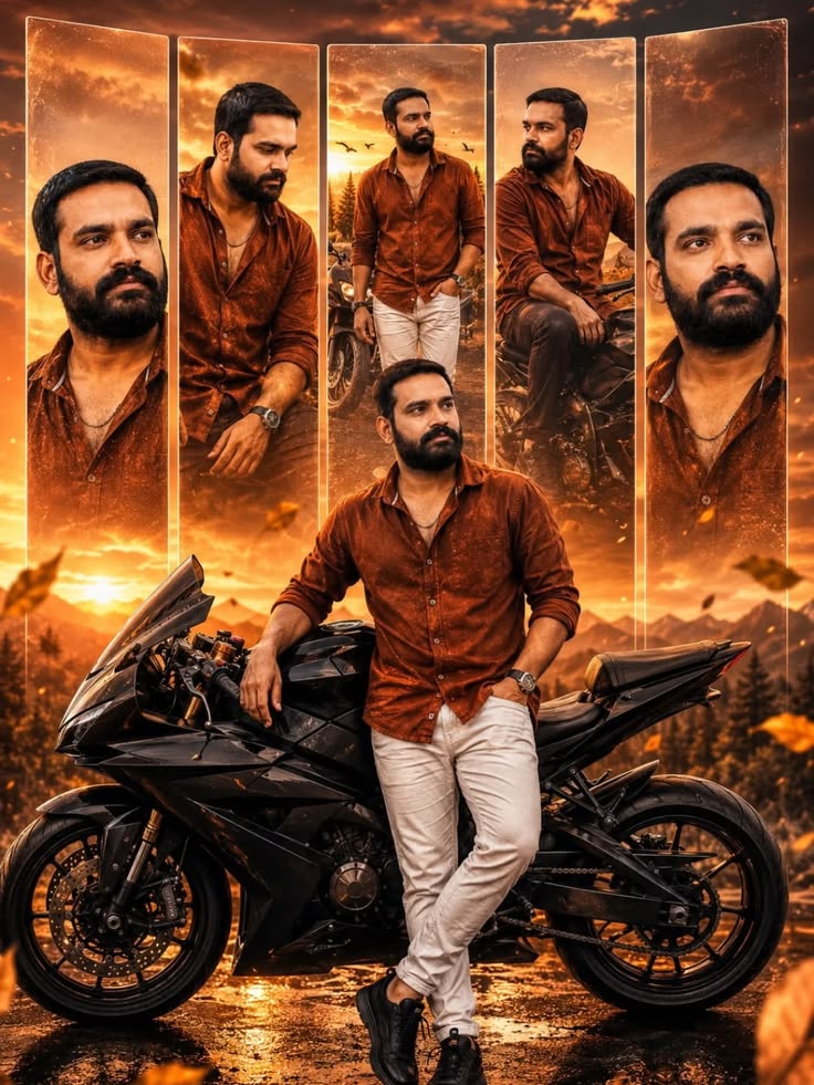 Cinematic Biker Poster featuring a premium sunset action-drama editorial prompt concept