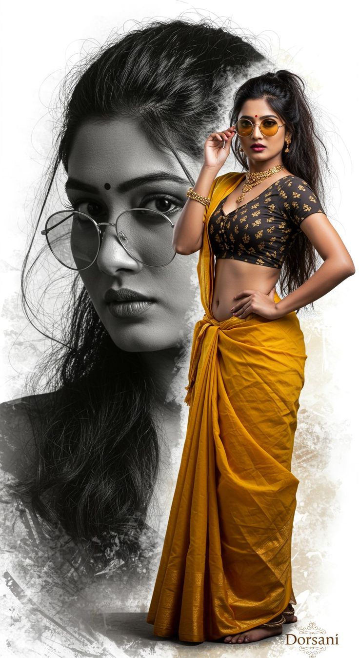 Indian Saree Poster Prompt featuring a cinematic Indian saree fashion collage with grayscale portrait and full-body color styling.