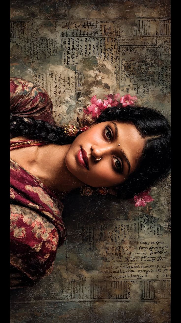 Vintage Saree Portrait Prompt featuring a traditional Indian woman with maroon sari, manuscript paper background, and pink flowers.