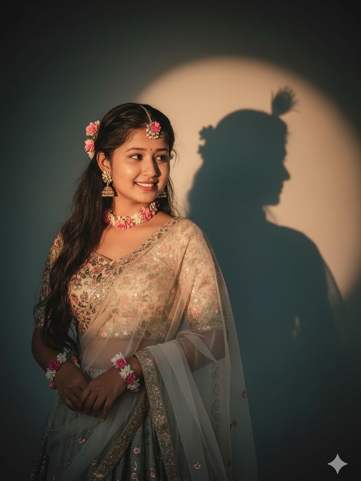Ethnic Spotlight Portrait with warm studio spotlight, pastel outfit, floral jewelry, and dramatic wall shadow