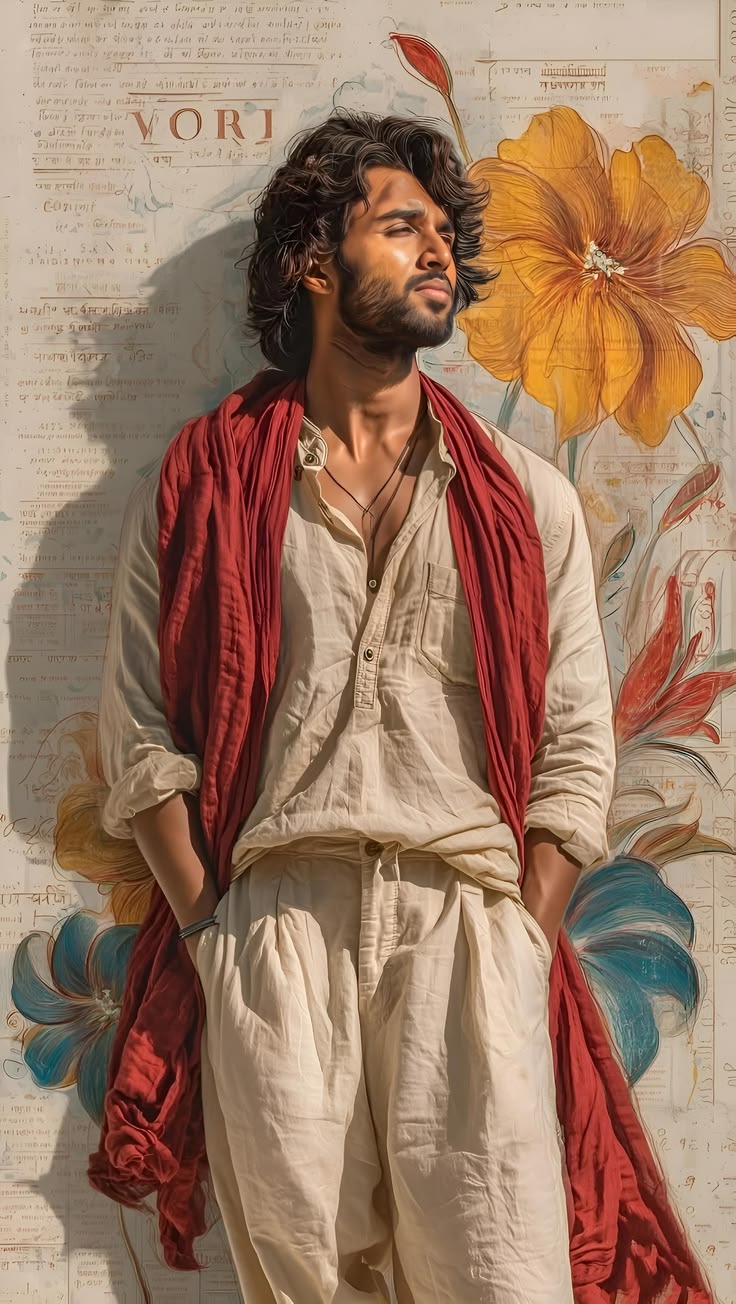 Botanical Portrait Prompt featuring a cinematic male editorial poster with antique manuscript flowers