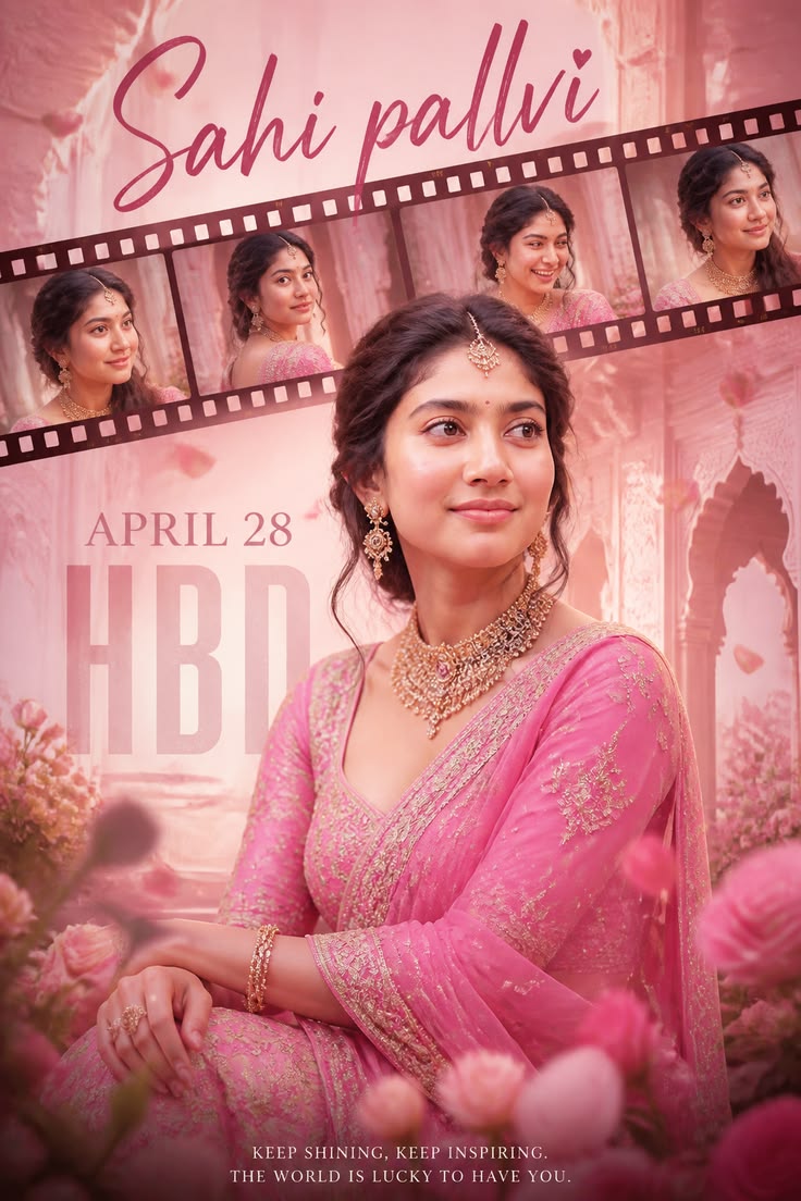 Bridal Birthday Poster featuring a romantic pink palace scene with elegant saree styling, filmstrip portraits, and luxury birthday design.